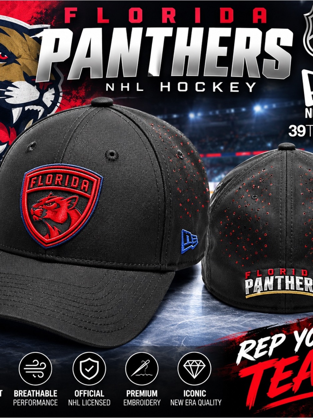 Florida Panthers New Era 39THIRTY Hat Cap M/L NHL Black Red Stretch Fit